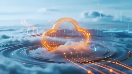 Digital cloud network with glowing circuitry floating above clouds in a futuristic sky
