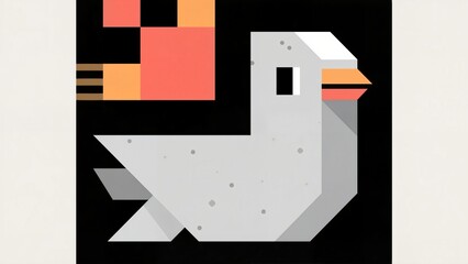 Geometric pixel art illustration of a stylized bird with a blocky, abstract design featuring orange and gray tones