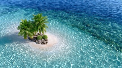 A Small Sandbar Island with Two Palm Trees Surrounded by Crystal Clear Turquoise Water and Sun Glare