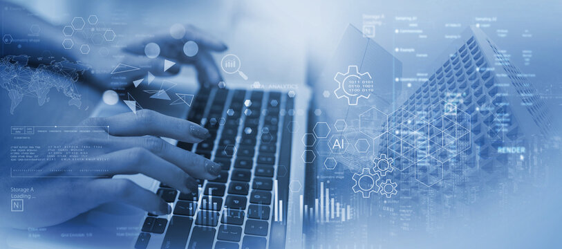 Data Science and engineering, digital technology, tech background. Software engineer working with database and big data analytics, cloud computing with AI and data exchange, innovation technology - Powered by Adobe