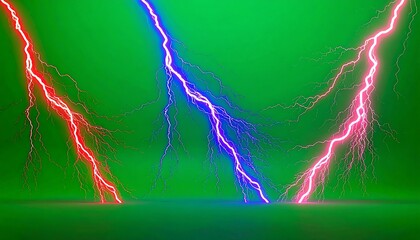 Three colorful lightning bolts strike towards the ground on a solid green backdrop. They are rendered with bright neon colors