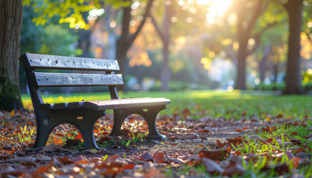 Fading sunlight highlights presence of wooden bench in peaceful park with autumn leaves and gentle social atmosphere