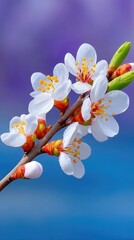 Delicate White Cherry Blossoms With Water Droplets Cling To A Twig Against A Soft Blue And Purple Blurred Background In Macro Detail