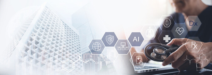 Telemedicine AI technology, doctor using AI telemedicine, data analysis for diagnosis, health care...