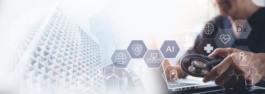 Telemedicine AI technology, doctor using AI telemedicine, data analysis for diagnosis, health care and treatment patient, Medical research and development innovation technology for healthcare