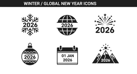 Fototapeta premium Winter Global New Year Icons Set for 2026 Celebrations.