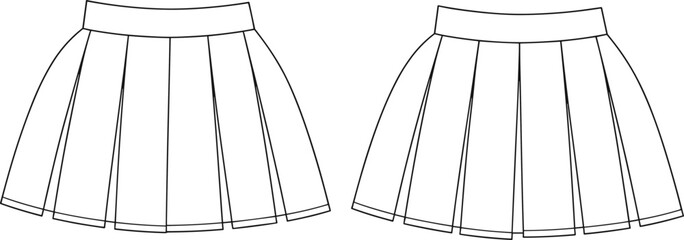 Cad drawing flat vector illustration, pleated skirt template front and back view, fashion technical sketch, clothing design, apparel flat mockup