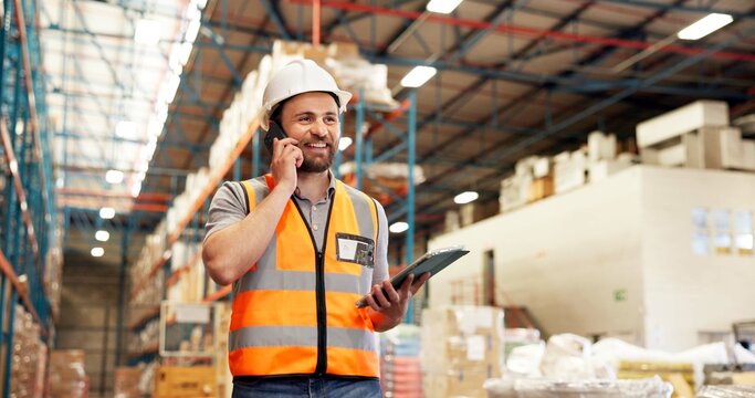 Businessman, phone call or logistics with tablet for inventory, checklist or communication in depot. Man, distributor or supplier talking with mobile smartphone or technology for stock in warehouse - Powered by Adobe
