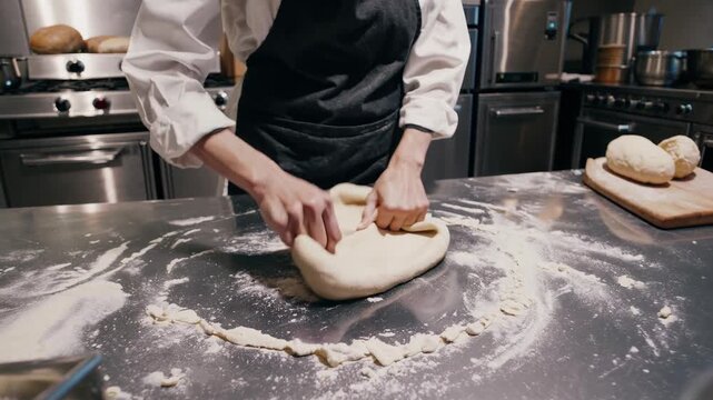Artisan chef kneads dough precisely, Skilled baker shapes new dough on shiny baking tray carefully, Masterful bread maker handles dough with precision on polished baking surface daily