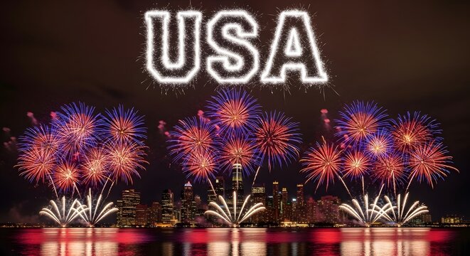 Independence day fireworks over night city skyline celebration of united states national holiday with sparkler writing usa and cityscape reflection