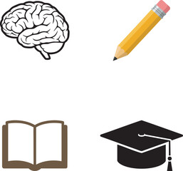 Learning Education Icons Pack: Brain Pencil Book Graduation Cap Flat Vector Illustrations for School and Study Designs
