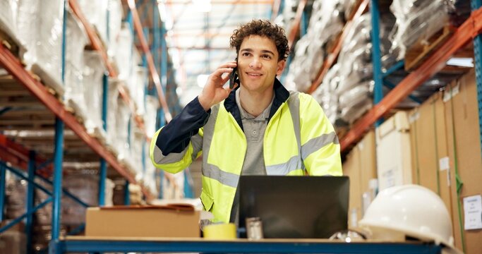 Distribution, phone call and man in warehouse, logistics and schedule for cargo shipping. Person, contact and employee in factory, cellphone or supply chain with delivery checklist or conversation