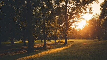 blurred. Tranquil park at sunset with warm golden hues, creating a peaceful natural landscape. inspiring travel planning, travel magazines, designed for travel destination branding.