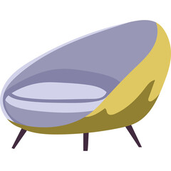 Modern Oval Shaped Armchair With Mustard Yellow Exterior And Light Gray Interior On Three Tapered Legs Isolated On White Background