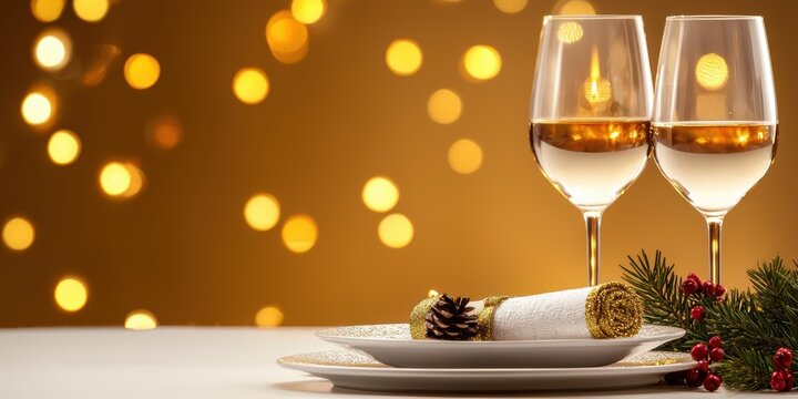 Two elegant wine glasses sit on a festive table with bokeh lights, a decorative napkin, and pine accents, creating a warm, celebratory atmosphere.
