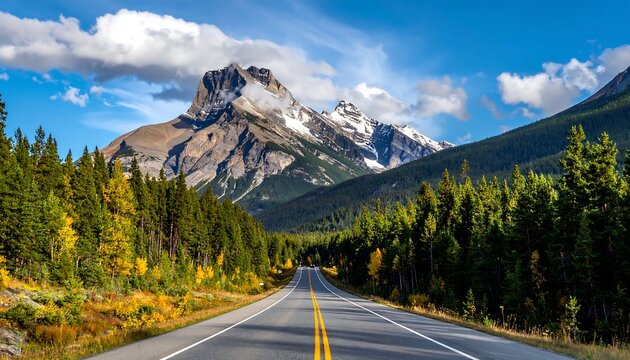 Scenic drive through the Canadian Rockies with snow-capped mountains and autumn foliage.