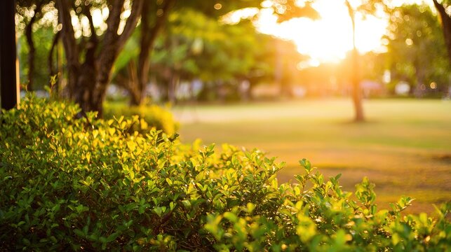 blurred. Tranquil park at sunset with warm golden hues, creating a peaceful natural landscape. inspiring travel planning, travel magazines, designed for travel destination branding.