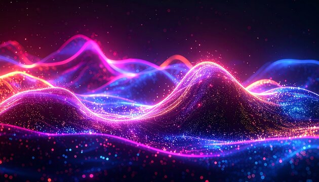 Neon glowing wavy abstract design, with a dark speckled background