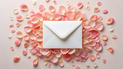 White envelope surrounded by delicate pink and peach rose petals