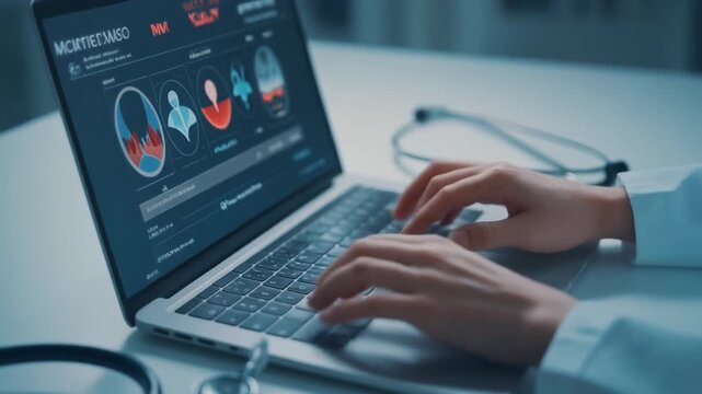 Healthcare professional interacting with advanced medical software on a laptop, analyzing critical patient data for diagnosis and treatment planning in a modern clinic