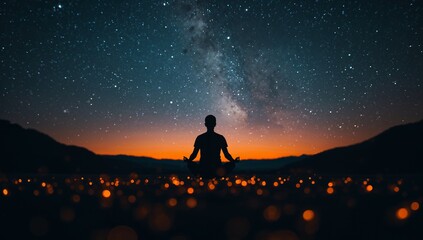 Silhouette of a person meditating under a starry night sky with a vibrant orange sunset horizon, evoking peace and cosmic connection