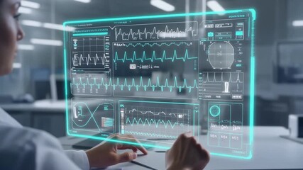Futuristic medical display showing vital signs, heart rate and data analytics on a holographic interface - Powered by Adobe