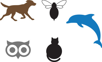 Cute Flat Animal Icons Collection: Dog Bee Dolphin Owl Cat Vector Graphics for Kids and Wildlife Designs
