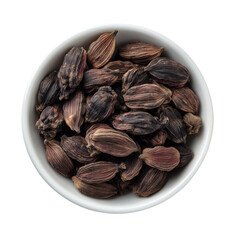 Black Cardamom Pods in White Bowl isolated on a transparent background spice herb 1
