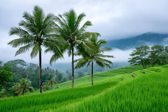 Bali rice terraces with palm trees and fog