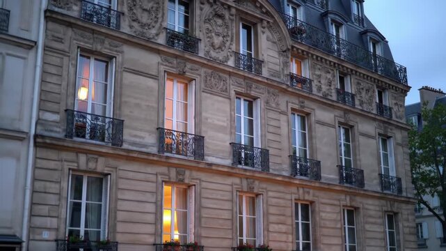 Paris building facade, illuminated windows in dusk, architecture, travel photo, for postcards or backgrounds