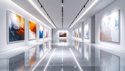 Obraz premium Modern Art Gallery with Contemporary Paintings and Reflective Flooring