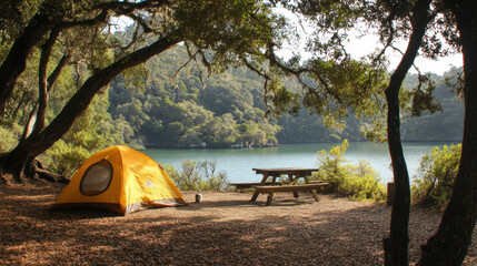 Orange camping tent and picnic table set up by a serene lake in a forest