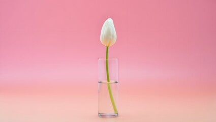 Single white tulip bud in a clear glass vase on a pink background