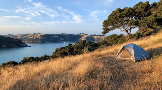 Tent pitched on dry grassy hillside overlooking calm bay and rolling hills at sunrise