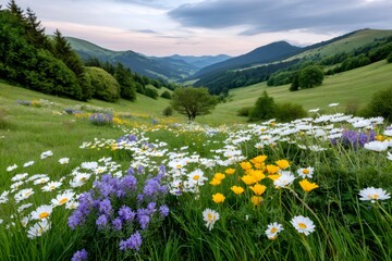 Obraz premium Wildflower meadow blooming in green mountain valley