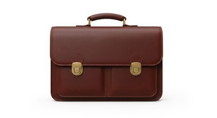 Brown leather briefcase with gold hardware, for business or office, Isolated on transparent background, png