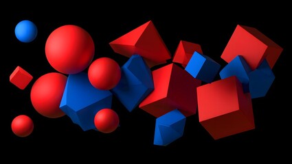 Abstract arrangement of red spheres and blue geometric shapes on black background