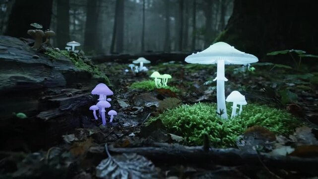 Macro Details of Luminous Caps and Gills: An extreme close up focusing on the intricate textures and vibrant bioluminescence of individual mushroom caps and gills, highlighting the unique patterns and
