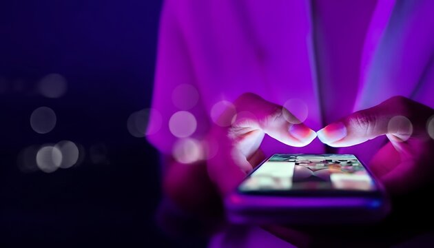 Close up of hands holding a smartphone with a colorful abstract background