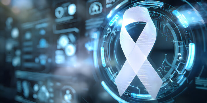 Futuristic AI-generated image of a glowing white cancer awareness ribbon with digital medical technology background — ideal for health, innovation, and charity themes.