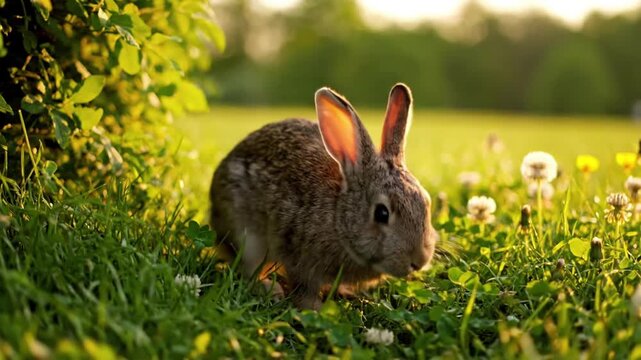An establishing shot of a lone wild rabbit hopping gracefully across a vibrant, sun drenched meadow, with distant trees and natural flora, capturing the essence of freedom and wilderness.