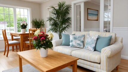 Fototapeta premium Living room interior design with comfortable striped sofa