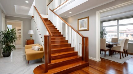 Modern house foyer with elegant wooden staircase and dining room