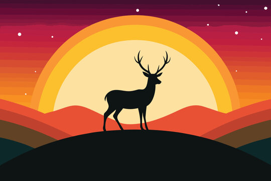 Silhouette of a majestic stag standing on a hill against a vibrant sunset with rolling hills