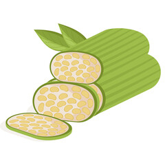 Illustration of sliced tempeh blocks with green leaves and subtle shadow on a transparent background representing healthy plant based protein and Indonesian food culture in a minimalist style