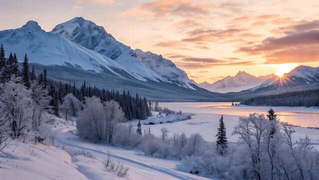 A breathtaking sunrise illuminates the snowcovered landscape of a valley in the canadian rockies, with frosted trees lining the frozen lake - Powered by Adobe