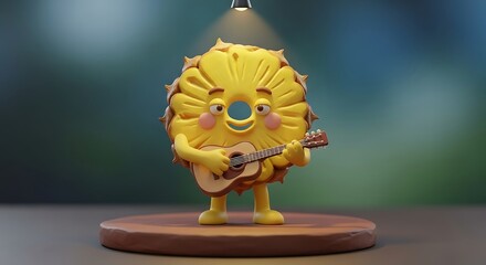 Cute Animated Pineapple Character Playing Ukulele Under Spotlight.