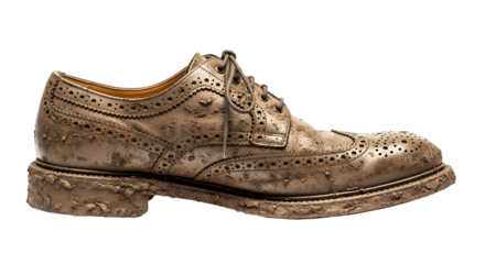 Classic brogue shoe completely covered in mud after an outdoor adventure, showcasing ruggedness and resilience, perfect for advertising durable footwear or outdoor gear, epitomizing style and function