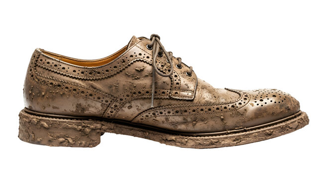 Classic brogue shoe completely covered in mud after an outdoor adventure, showcasing ruggedness and resilience, perfect for advertising durable footwear or outdoor gear, epitomizing style and function