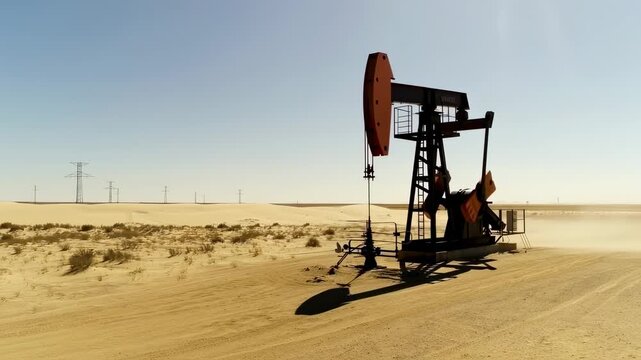 An oil pumpjack stands on sandy ground, with a dune in the background and powerlines afar